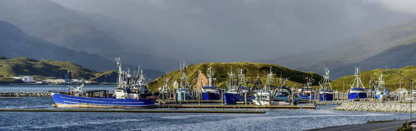 View of Alaskan Fishing Crab Boats at Port in Dutch Harbor, Alaska
