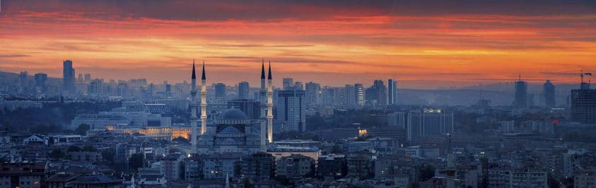 Ankara and Kocatepe Mosque at sunset in Turkey